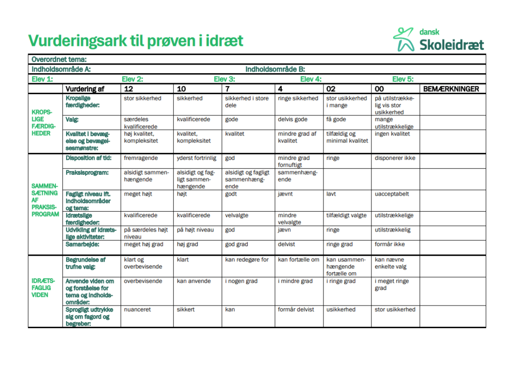 vurderingsark til idrætsfaget